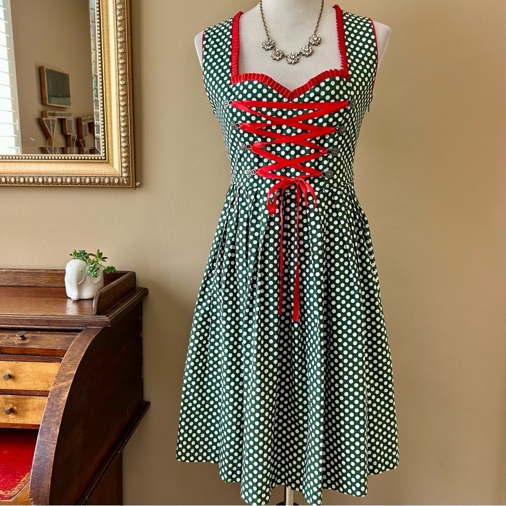 Green Polka Dot Dirndl Dress Bavarian Corset Lace-Up Oktoberfest Size 36